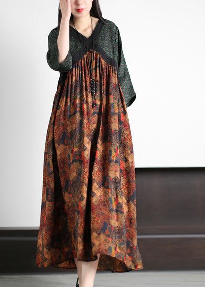 Handmade Green O-neck Patchwork Print Silk Long Dresses Summer