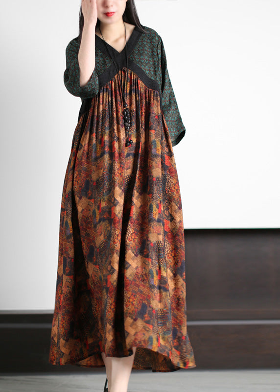 Handmade Green O-neck Patchwork Print Silk Long Dresses Summer