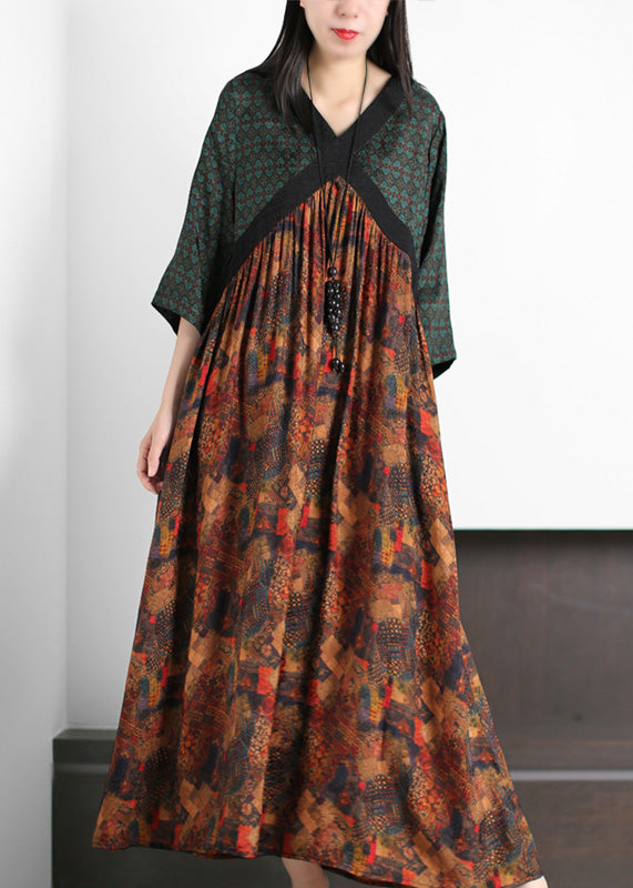 Handmade Green O-neck Patchwork Print Silk Long Dresses Summer