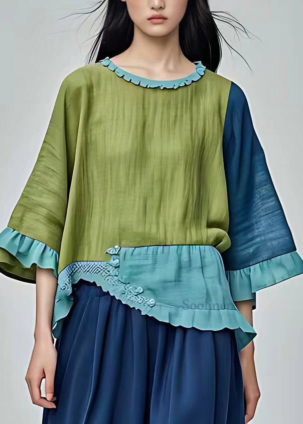Handmade Green O-neck Patchwork T Shirt Fall
