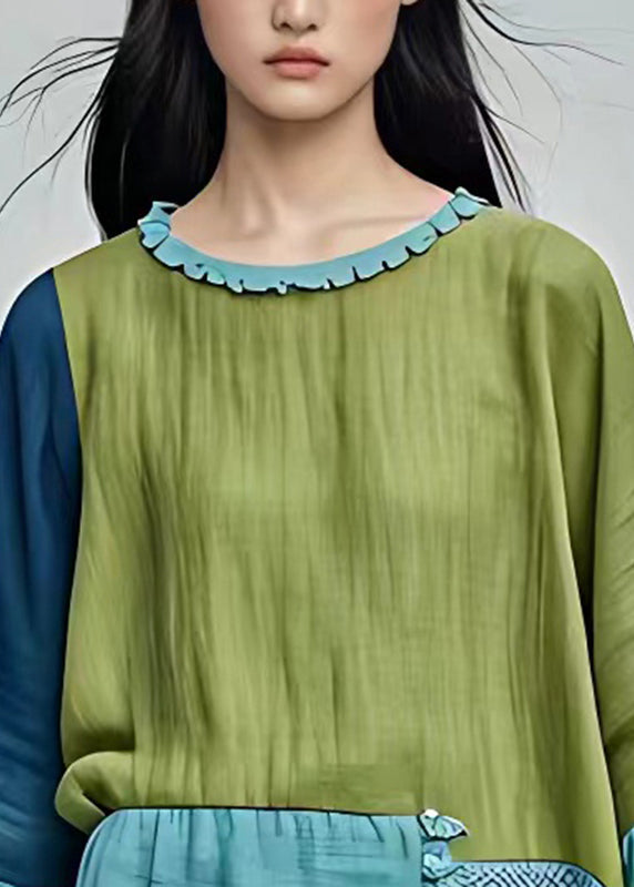 Handmade Green O-neck Patchwork T Shirt Fall