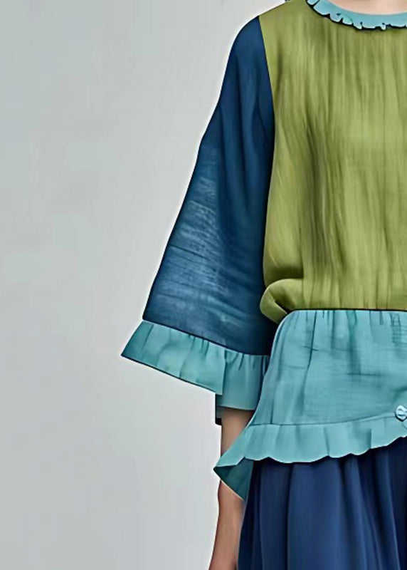 Handmade Green O-neck Patchwork T Shirt Fall
