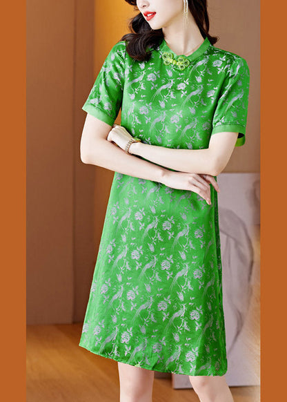 Handmade Green O-neck Print Button Silk Mid Dress Short Sleeve