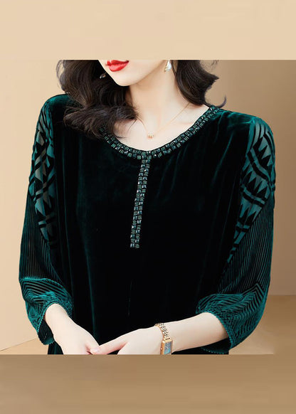 Handmade Green O-neck Print Silk Velour Maxi Dresses Long Sleeve