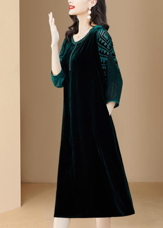Handmade Green O-neck Print Silk Velour Maxi Dresses Long Sleeve