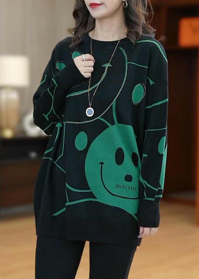 Handmade Green O-neck Smil Print Cotton Knit Sweaters Top Long Sleeve