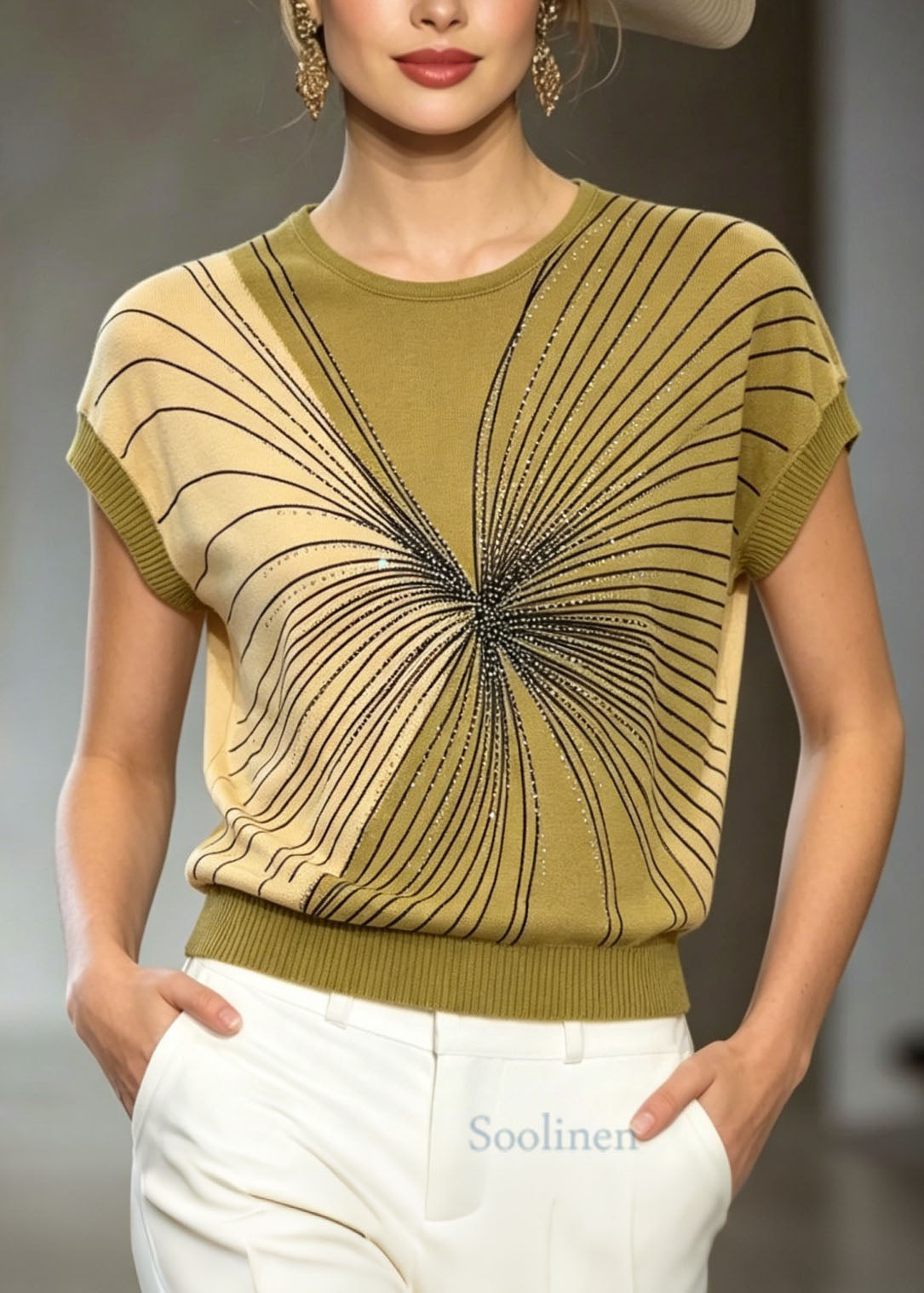 Handmade Green O Neck Zircon Ice Silk Knit Top Summer