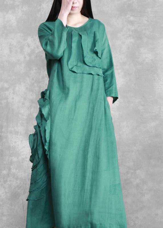 Handmade Green 3d Flower Linen Maxi Dress
