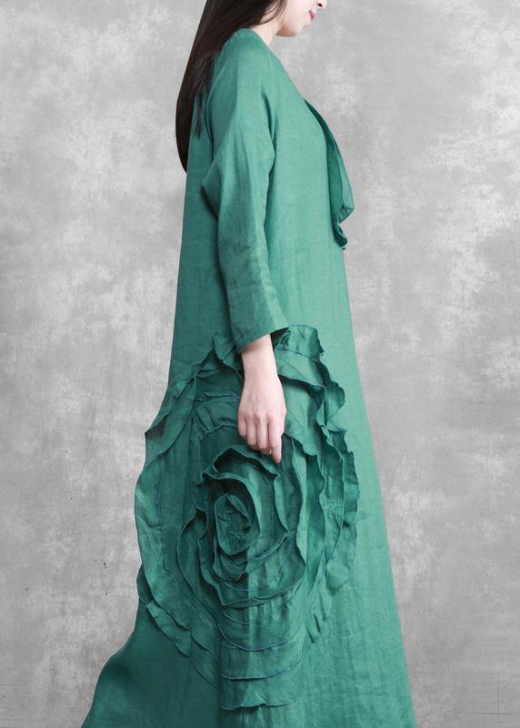 Handmade Green 3d Flower Linen Maxi Dress