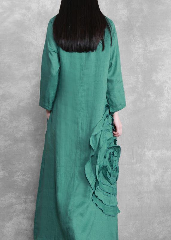Handmade Green 3d Flower Linen Maxi Dress