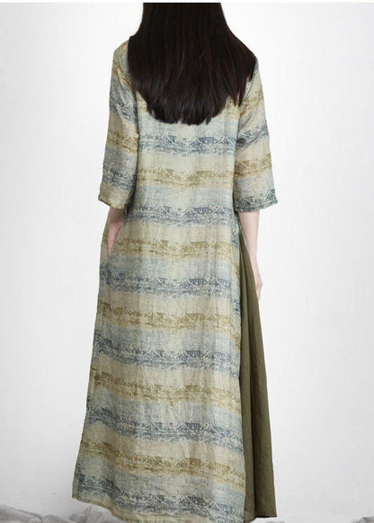 Handmade Green Print V Neck Robe Linen Dresses Half Sleeve
