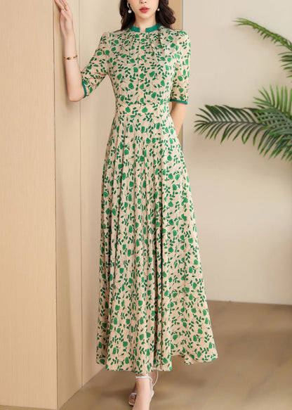 Handmade Green Print Wrinkled Chiffon Long Dress Summer