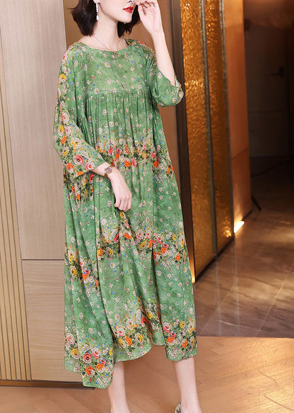 Handmade Green Print Wrinkled Patchwork Silk Long Dress Long Sleeve