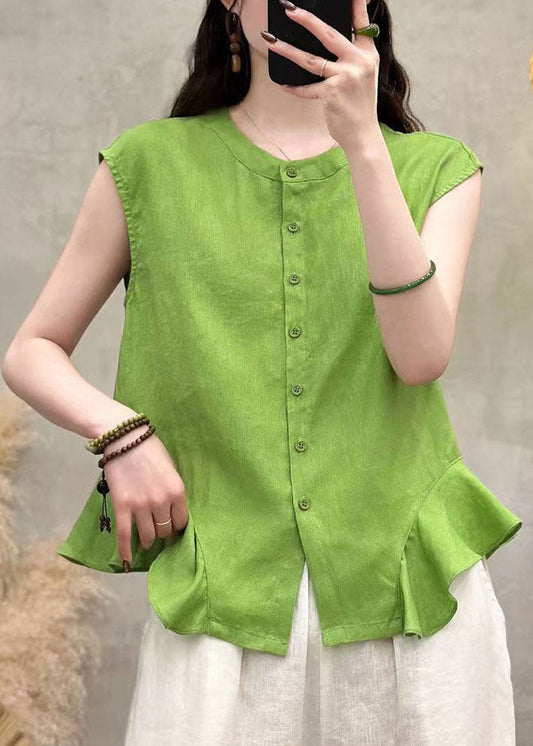 Handmade Green Ruffled Button Patchwork Linen Top Sleeveless