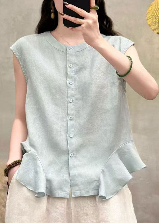 Handmade Green Ruffled Button Patchwork Linen Top Sleeveless