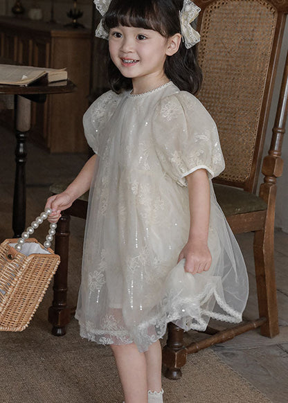 Handmade Green Sequins Patchwork Tulle Kids Dresses Puff Sleeve