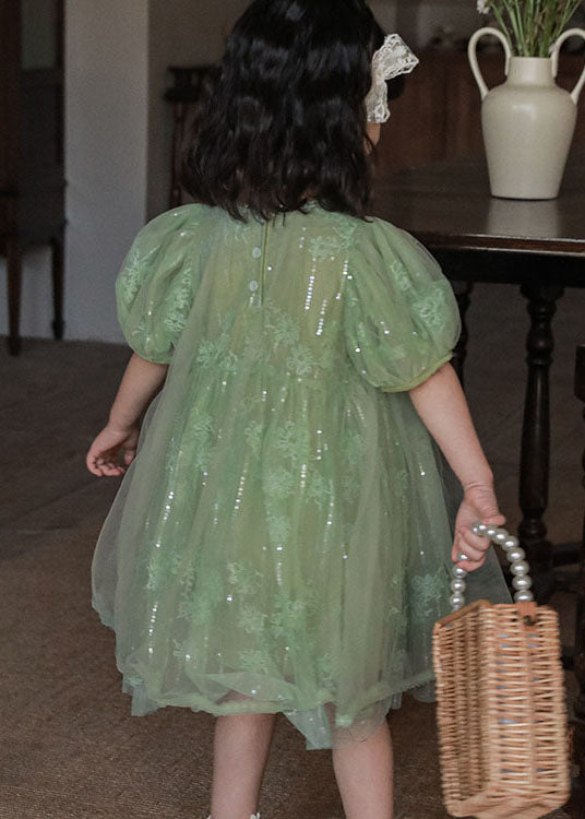 Handmade Green Sequins Patchwork Tulle Kids Dresses Puff Sleeve