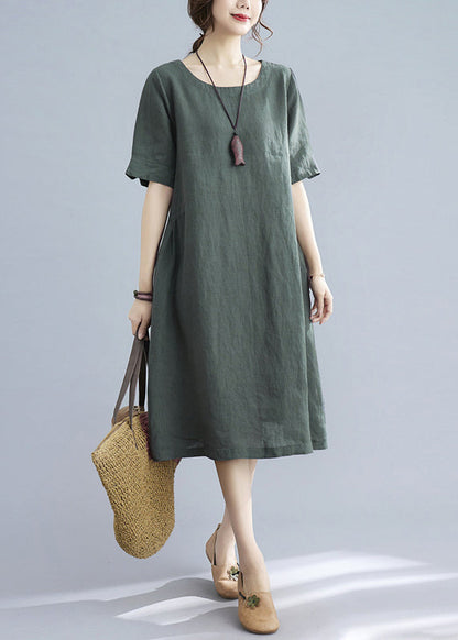 Handmade Green Wrinkled Linen Vacation Dresses Short Sleeve