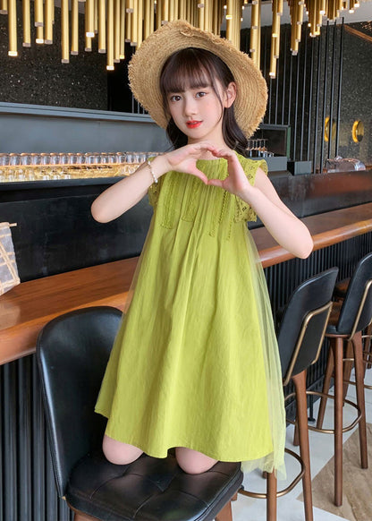 Handmade Green Tulle Patchwork Cotton Kids Mid Dresses Sleeveless