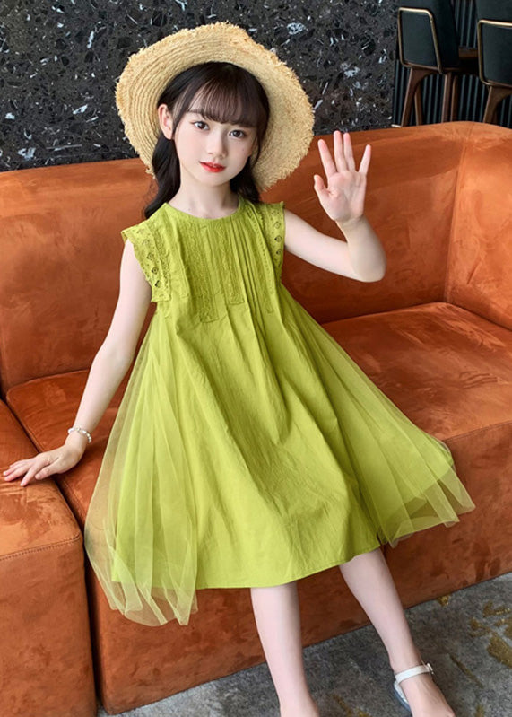 Handmade Green Tulle Patchwork Cotton Kids Mid Dresses Sleeveless