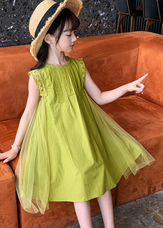 Handmade Green Tulle Patchwork Cotton Kids Mid Dresses Sleeveless