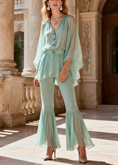 Handmade Green V Neck Chiffon Top and Flared Trousers Two Pieces Set Spring