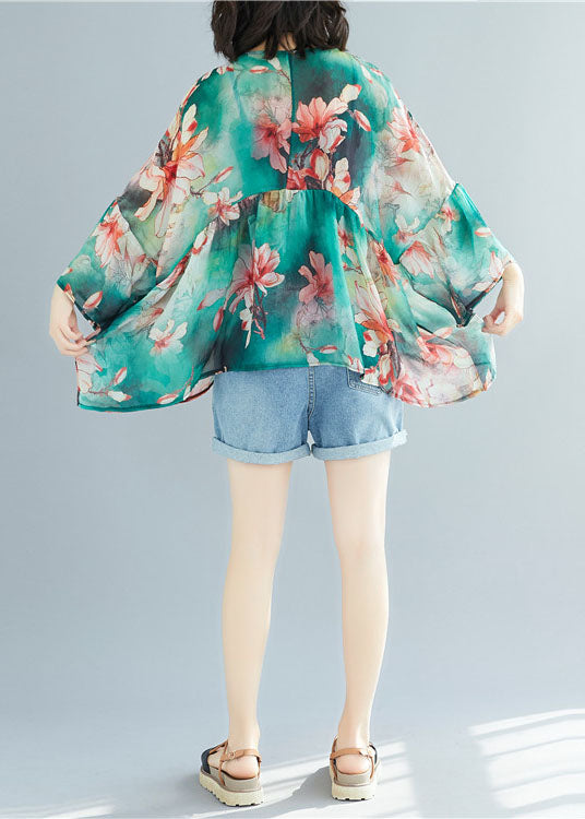 Handmade Green V Neck Patchwork Print Fall Top Three Quarter Sleeve