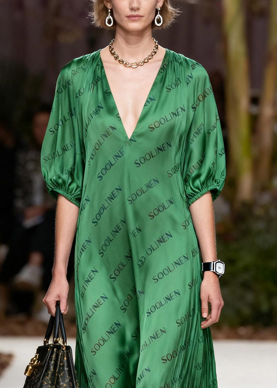 Handmade Green V Neck Silk Maxi Dress Lanter Sleeve