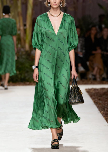 Handmade Green V Neck Silk Maxi Dress Lanter Sleeve