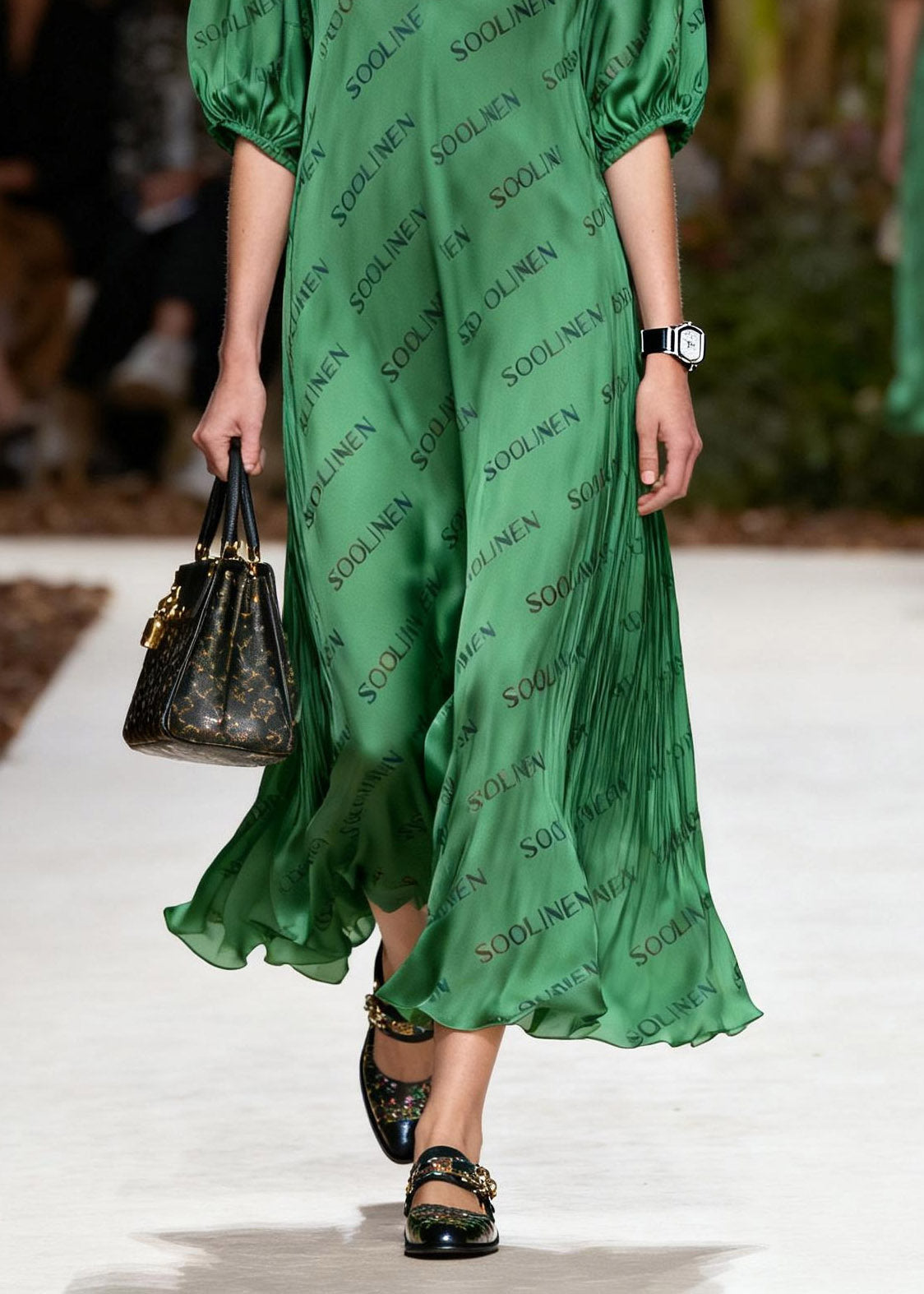 Handmade Green V Neck Silk Maxi Dress Lanter Sleeve