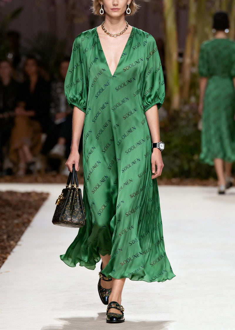 Handmade Green V Neck Silk Maxi Dress Lanter Sleeve