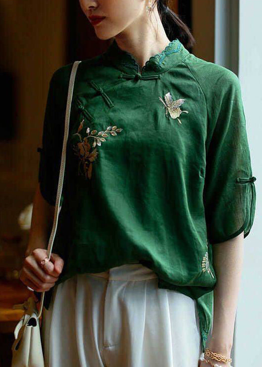 Handmade Green Side Open Mandarin Collar Tops Half Sleeve