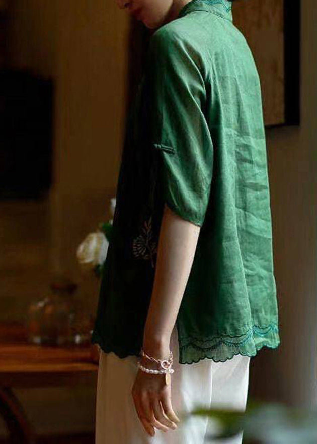 Handmade Green Side Open Mandarin Collar Tops Half Sleeve
