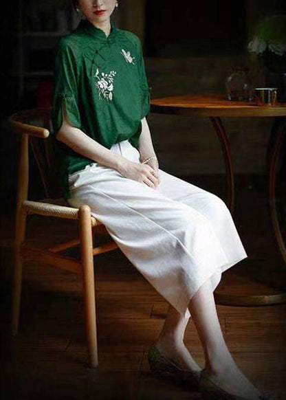 Handmade Green Side Open Mandarin Collar Tops Half Sleeve