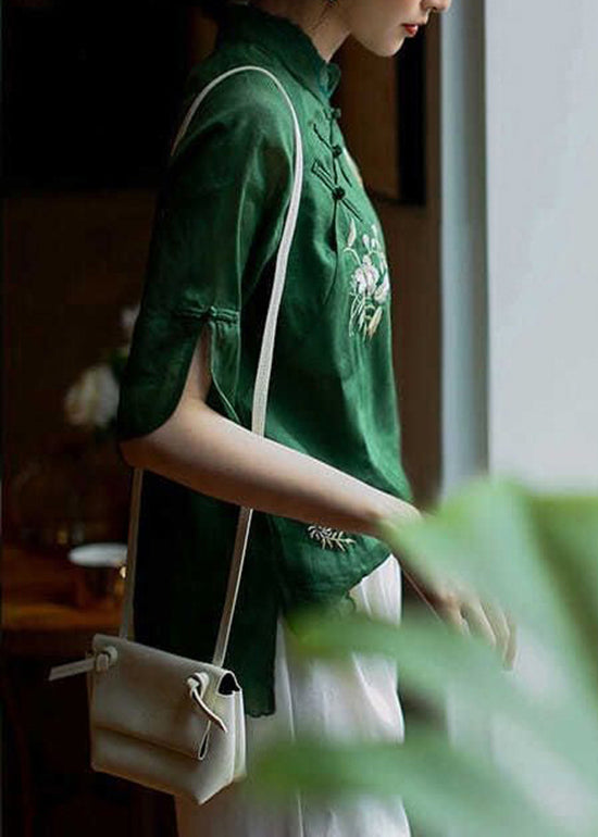 Handmade Green Side Open Mandarin Collar Tops Half Sleeve