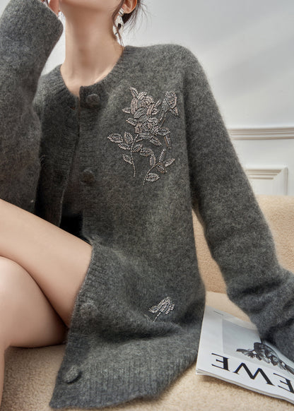 Handmade Grey Button Nail Bead Knit Cardigan Winter