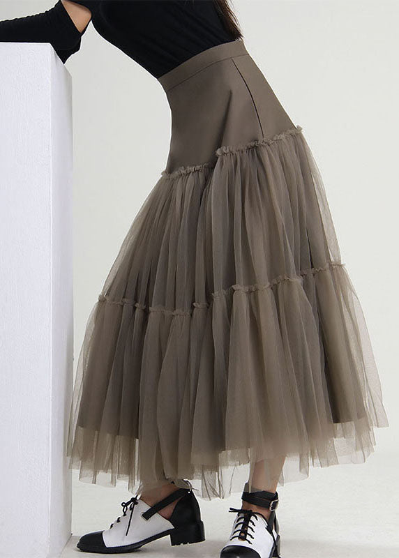 Handmade Grey Green Patchwork Tulle Pleated Skirt Spring