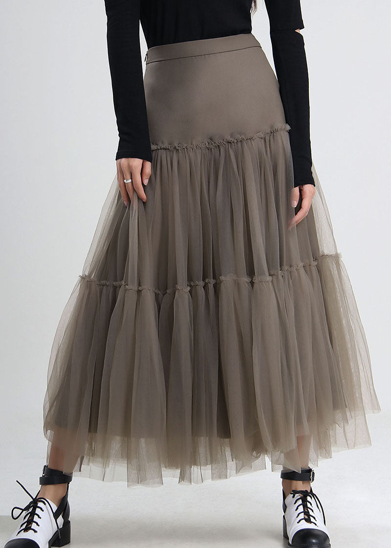 Handmade Grey Green Patchwork Tulle Pleated Skirt Spring