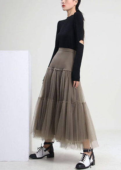 Handmade Grey Green Patchwork Tulle Pleated Skirt Spring