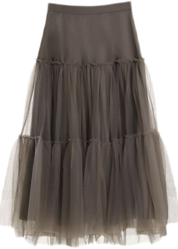 Handmade Grey Green Patchwork Tulle Pleated Skirt Spring