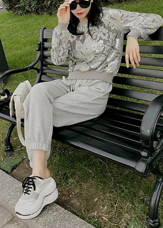 Handmade Grey O-neck Embroidered Sequins Velour Sweatshirt Fall