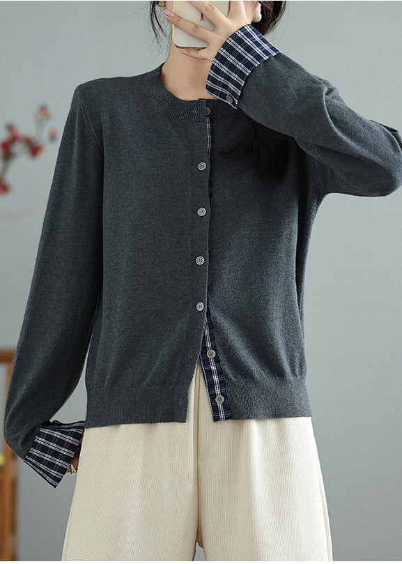 Handmade Grey O-neck Patchwork Knit Cardigans Spring