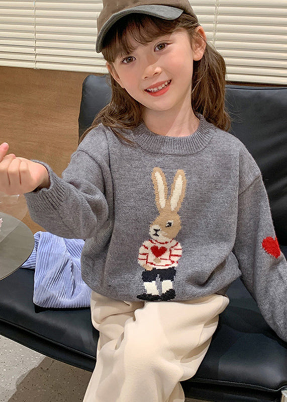 Handmade Grey O-neck Print Cotton Knit Sweater Spring