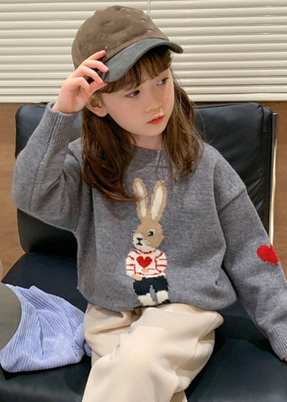 Handmade Grey O-neck Print Cotton Knit Sweater Spring