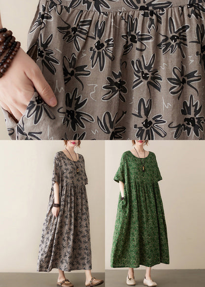 Handmade Grey O-neck Print Cotton Maxi Dress Short Sleeve
