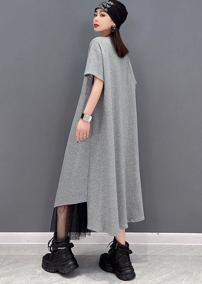 Handmade Grey O-neck Tulle Patchwork Cotton Dresses Short Sleeve