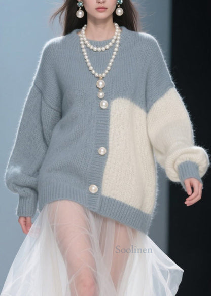 Handmade Grey O Neck Tulle Patchwork Knit Dress Fall