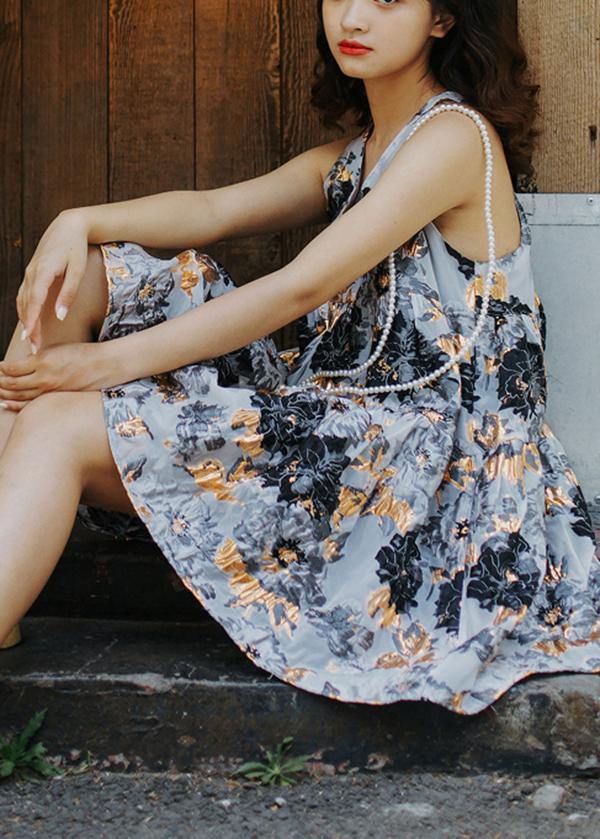 Handmade Grey Print Embroideried V Neck Summer Chiffon Sundress Sleeveless