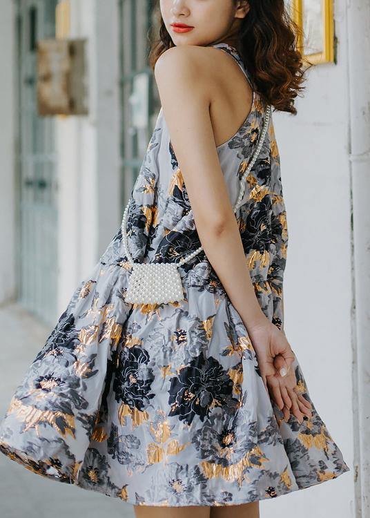 Handmade Grey Print Embroideried V Neck Summer Chiffon Sundress Sleeveless