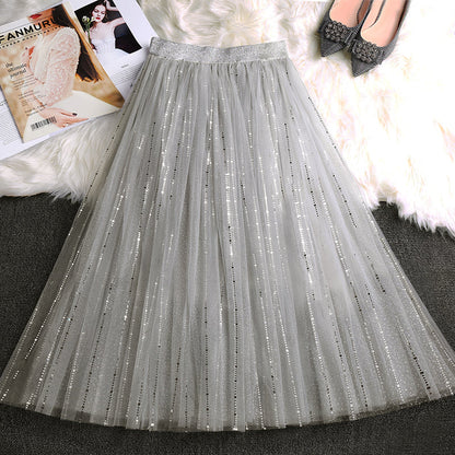 Handmade Grey Sequins Tulle Pleated Summer Skirts